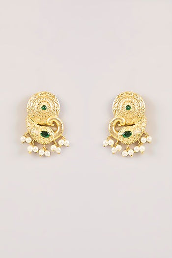 Gold Finish Shell Pearl Temple Dangler Earrings