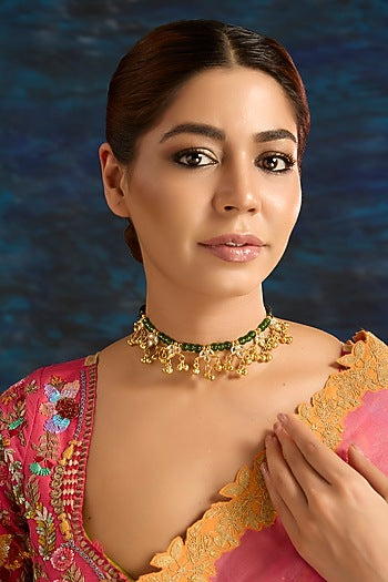 Gold Finish Green Stone & Pearl Choker Necklace