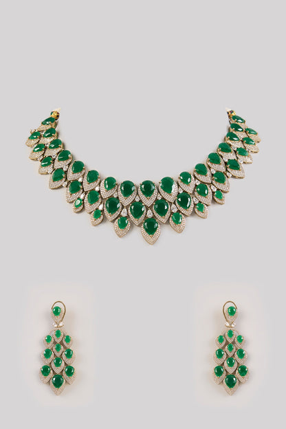 Gold Finish Emerald Synthetic Stone Necklace Set