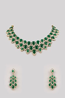 Gold Finish Emerald Synthetic Stone Necklace Set