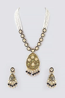 Gold Finish Brown & Black Kundan Polki Long Necklace Set