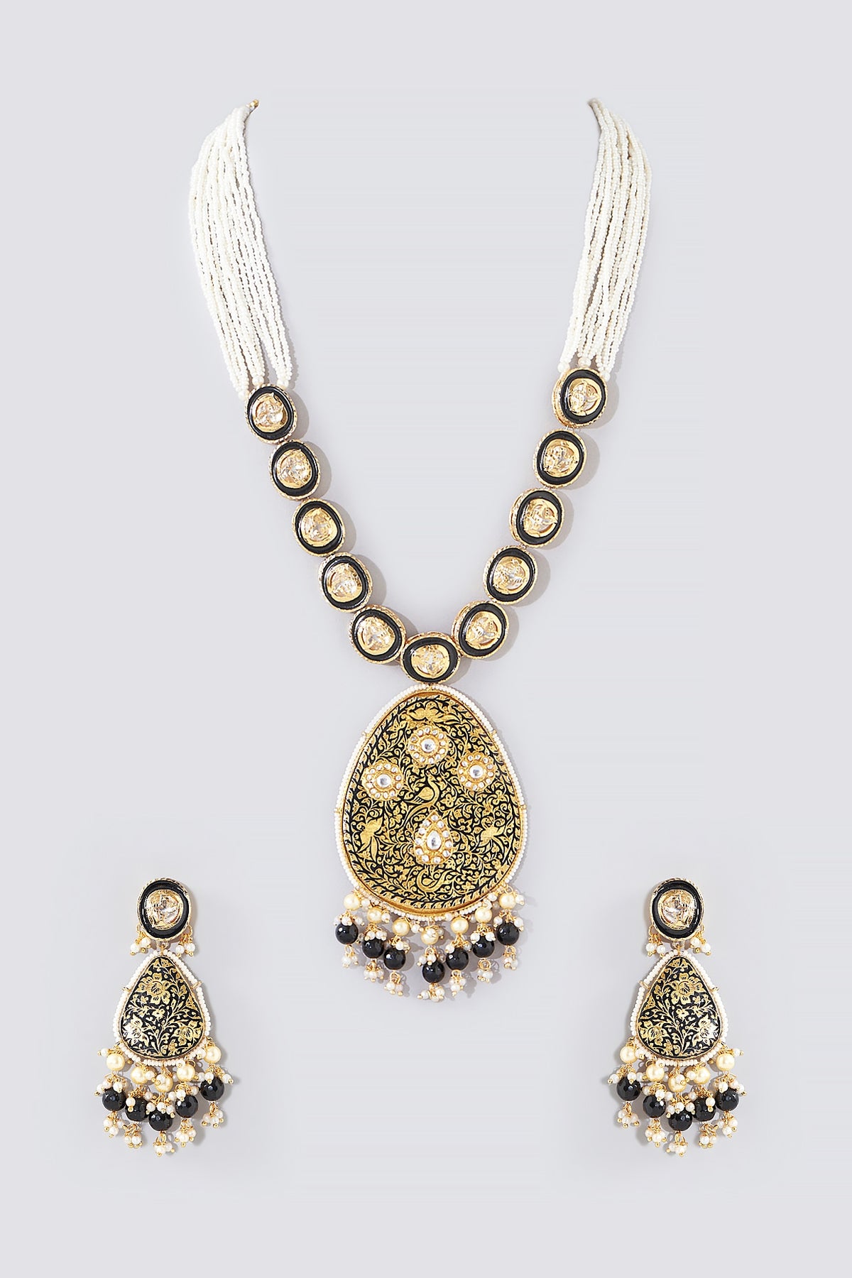 Gold Finish Brown & Black Kundan Polki Long Necklace Set