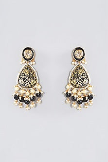 Gold Finish Brown & Black Kundan Polki Long Necklace Set