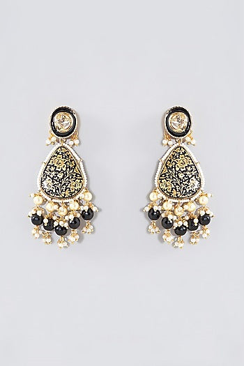 Gold Finish Brown & Black Kundan Polki Long Necklace Set