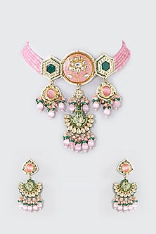 Gold Finish Pink & Green Kundan Polki Necklace Set