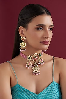 Gold Finish Pink & Green Kundan Polki Necklace Set