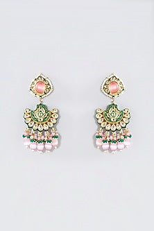 Gold Finish Pink & Green Kundan Polki Necklace Set