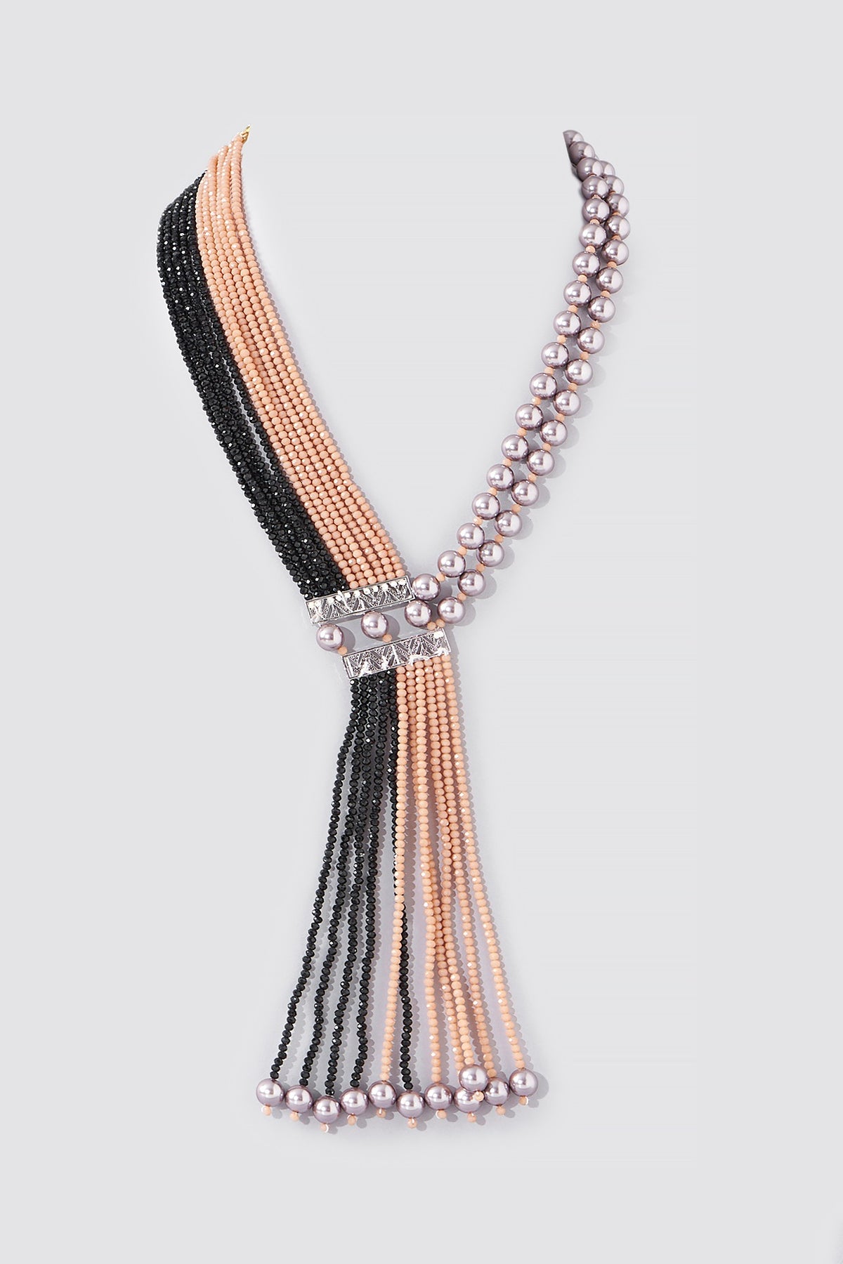 Gold Finish Black & Champagne Beaded Necklace