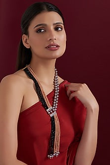 Gold Finish Black & Champagne Beaded Necklace
