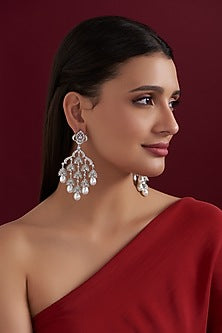 White Rhodium Finish American Diamond Dangler Earrings