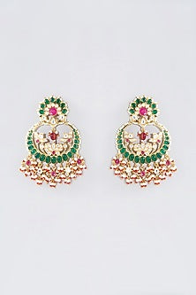 Gold Finish Green & Red Kundan Polki Chandbaali Earrings