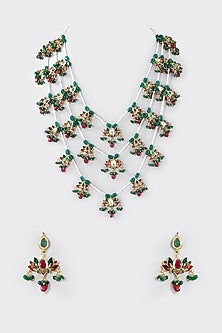 Gold Finish Red & Green Kundan Polki Layered Necklace Set
