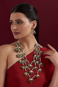 Gold Finish Red & Green Kundan Polki Layered Necklace Set