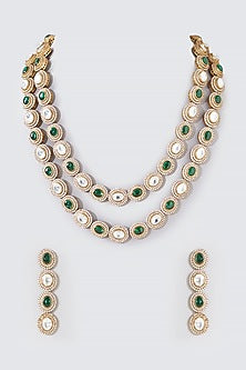 Gold Finish Green Kundan Polki Layered Necklace Set