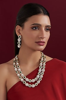 Gold Finish Green Kundan Polki Layered Necklace Set