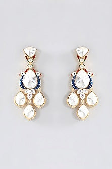 Gold Finish Blue & Red Kundan Polki Dangler Earrings