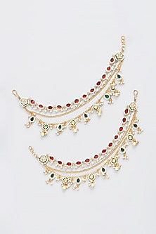 Gold Finish Red & Green Kundan Polki Kaanchain Earrings