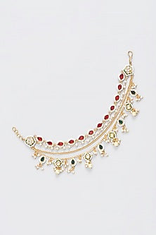Gold Finish Red & Green Kundan Polki Kaanchain Earrings