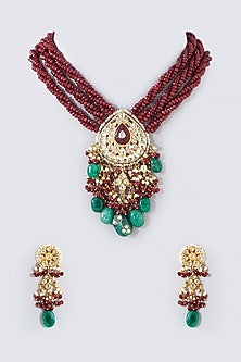 Gold Finish Kundan Polki & Red Beaded Necklace Set