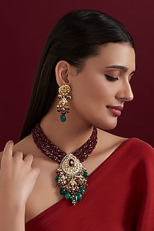 Gold Finish Kundan Polki & Red Beaded Necklace Set