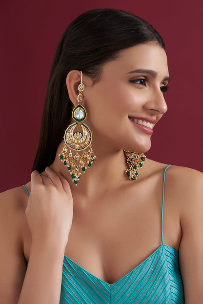 Gold Finish Kundan Polki Chandbaali Earrings