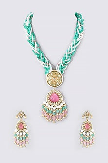 Gold Finish Kundan Polki & Beaded Long Necklace Set