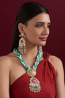 Gold Finish Kundan Polki & Beaded Long Necklace Set
