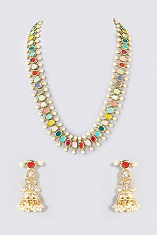 Gold Finish Navratna Kundan Polki Long Necklace Set