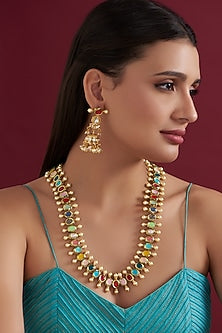 Gold Finish Navratna Kundan Polki Long Necklace Set