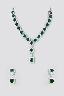 White Rhodium Finish Green American Diamond Necklace Set