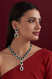 White Rhodium Finish Green American Diamond Necklace Set