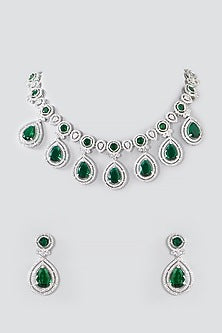 White Rhodium Finish Green American Diamond Necklace Set