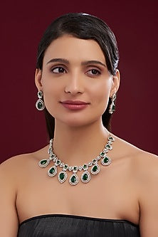 White Rhodium Finish Green American Diamond Necklace Set