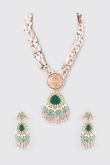 Gold Finish Kundan Polki & Beaded Long Necklace Set