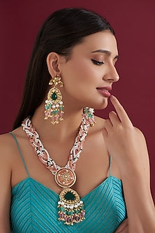 Gold Finish Kundan Polki & Beaded Long Necklace Set
