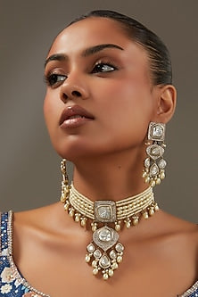 White Rhodium Finish American Diamond & Zircon Choker Necklace Set
