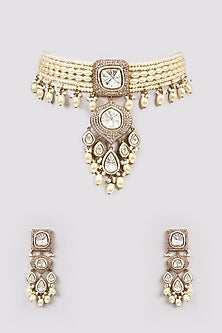 White Rhodium Finish American Diamond & Zircon Choker Necklace Set