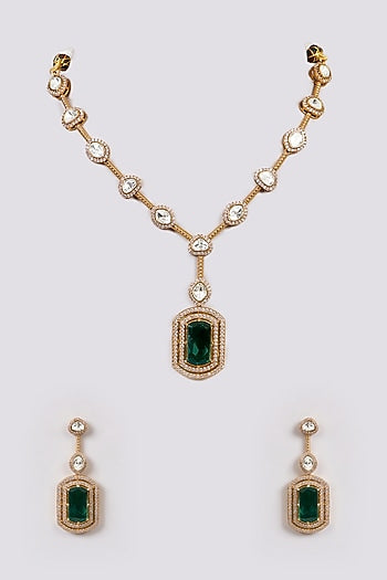 White Rhodium Finish American Diamond & Zircon Long Necklace Set
