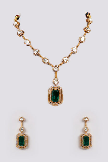 White Rhodium Finish American Diamond & Zircon Long Necklace Set