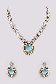 White Rhodium Finish American Diamond & Zircon Long Necklace Set