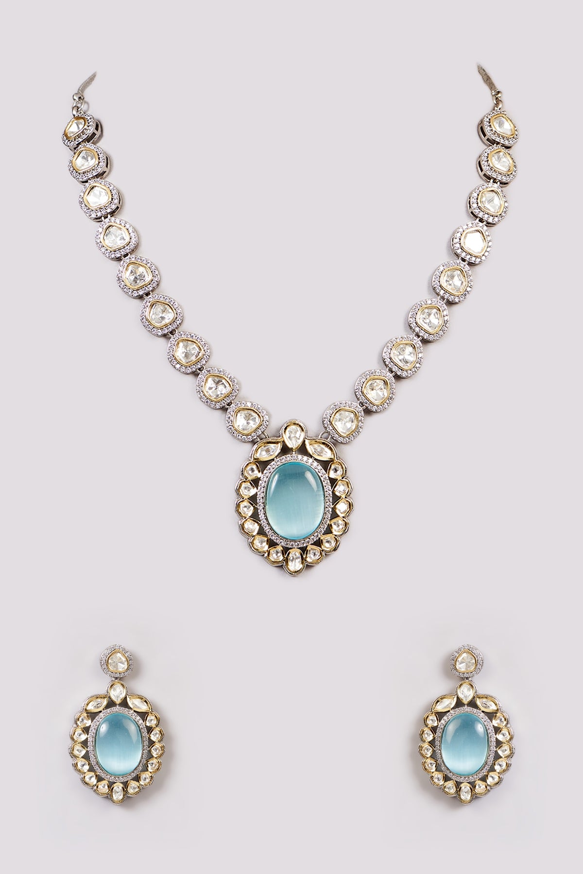 White Rhodium Finish American Diamond & Zircon Long Necklace Set