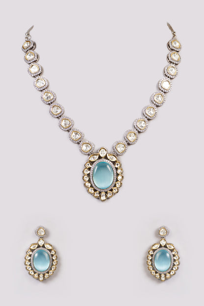 White Rhodium Finish American Diamond & Zircon Long Necklace Set