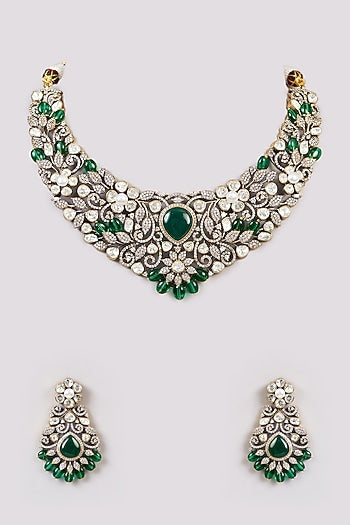 White Rhodium Finish Green Zircon Choker Necklace Set