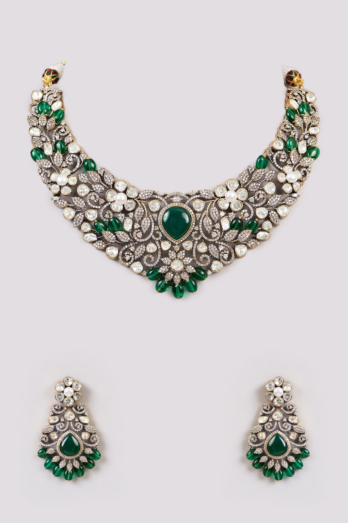 White Rhodium Finish Green Zircon Choker Necklace Set
