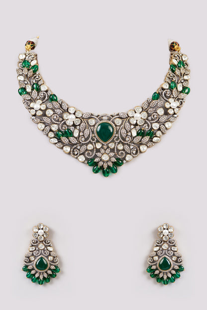 White Rhodium Finish Green Zircon Choker Necklace Set