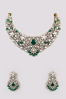White Rhodium Finish Green Zircon Choker Necklace Set