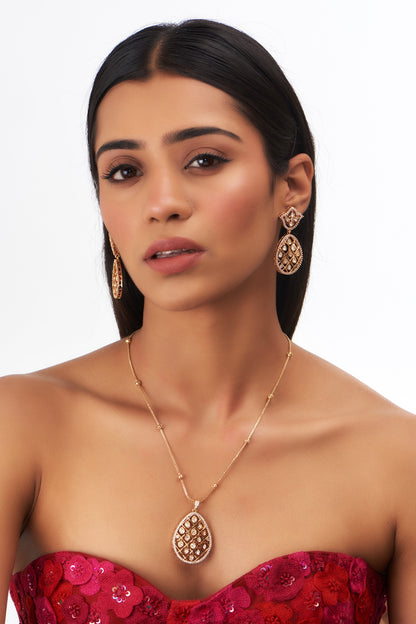 Gold Finish Kundan Polki Long Pendant Necklace Set