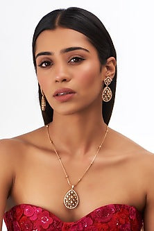 Gold Finish Kundan Polki Long Pendant Necklace Set