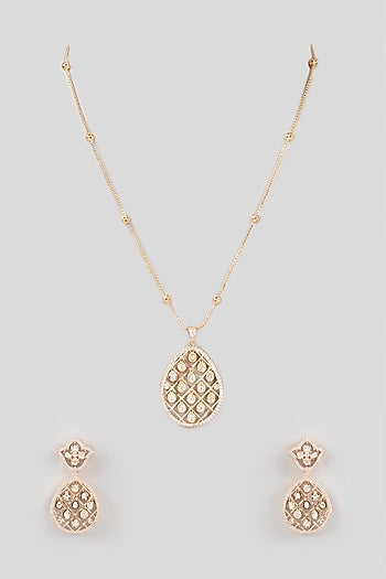 Gold Finish Kundan Polki Long Pendant Necklace Set
