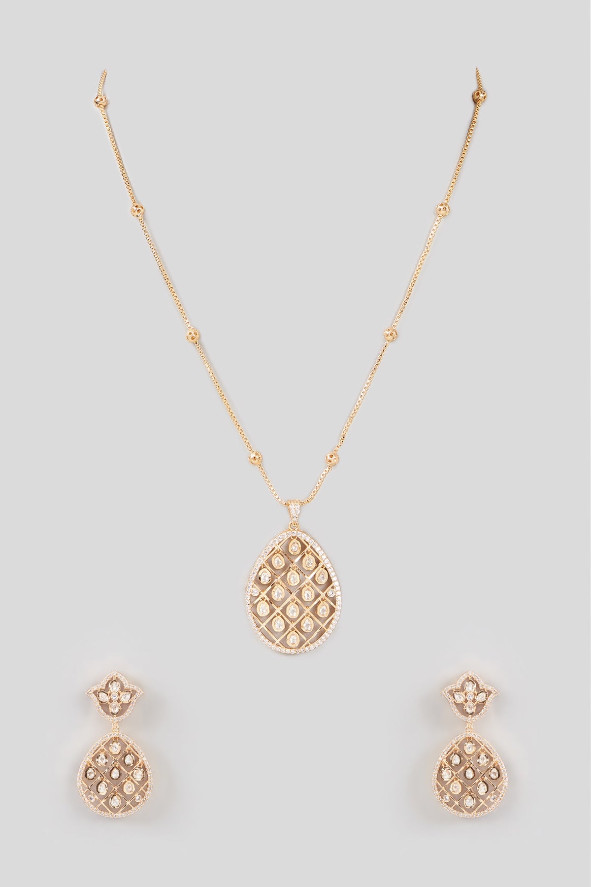 Gold Finish Kundan Polki Long Pendant Necklace Set